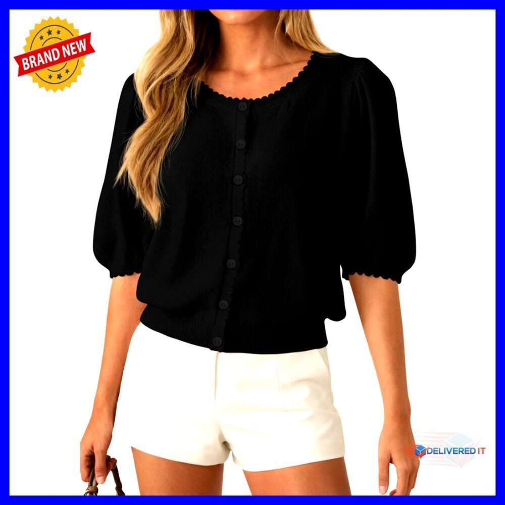 Puff Sleeve Cardigan Button Up Knit Sweater Lightweight Summer Top